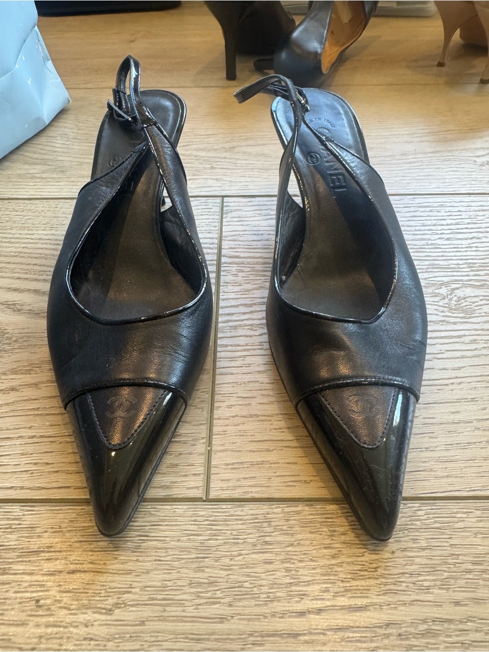CHANEL Black Leather Pointed Toe Slingback Heels - Picture 2 of 3